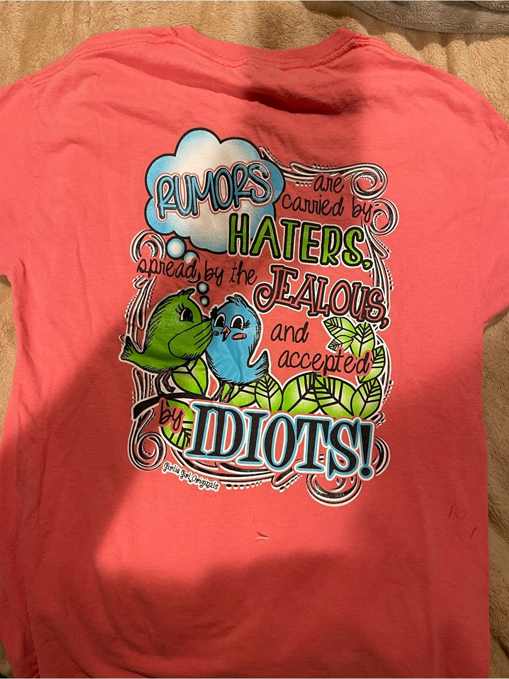 Gildan Coral Short Sleeve Tee with Green & Blue Bird Graphic